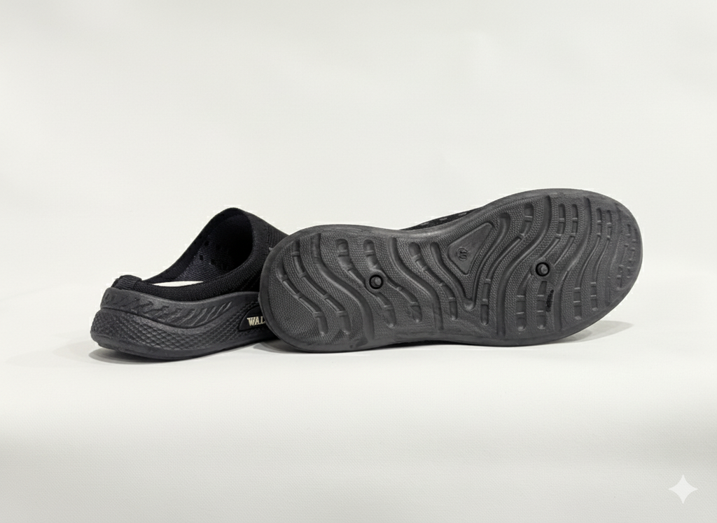 Black slip-on shoes with textured soles 