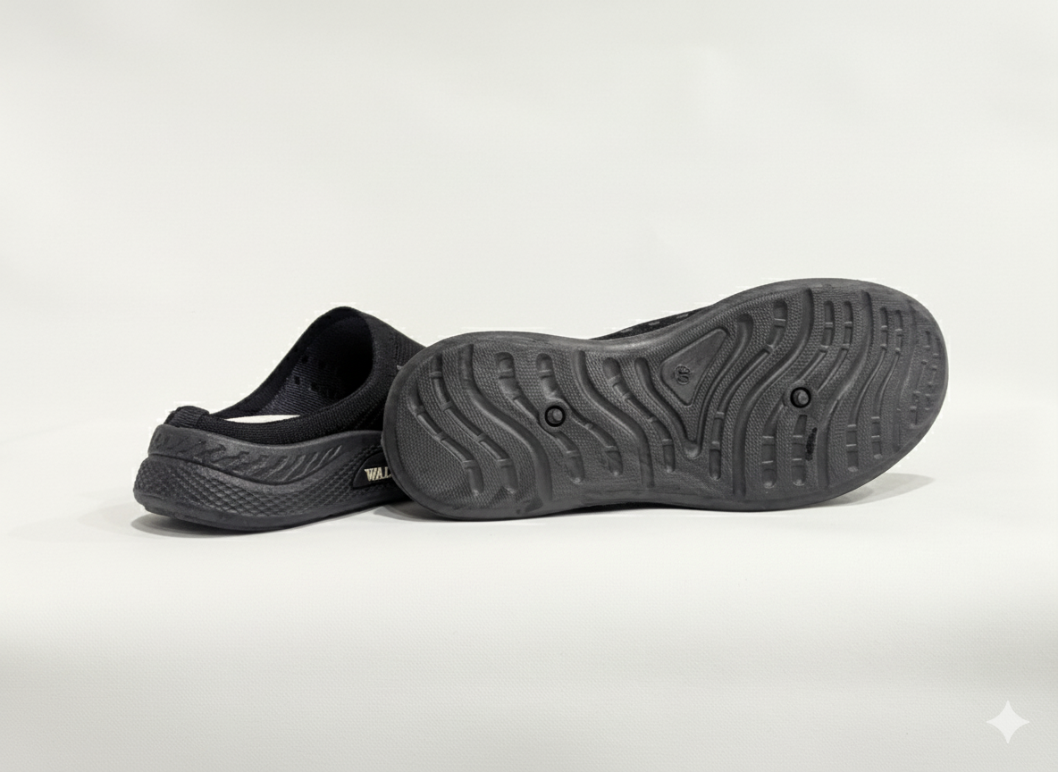 Black slip-on shoes with textured soles 