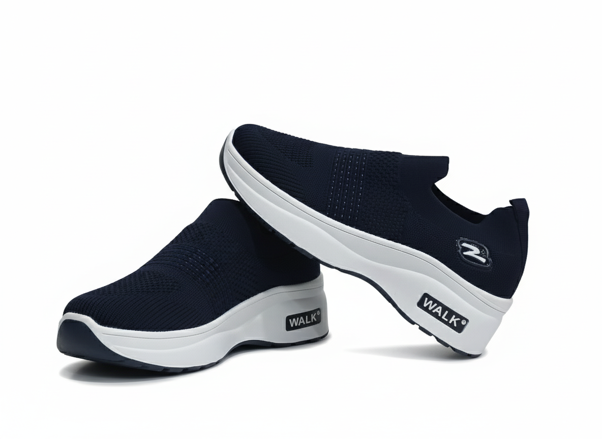 Pair of blue slip-on shoes with white soles 