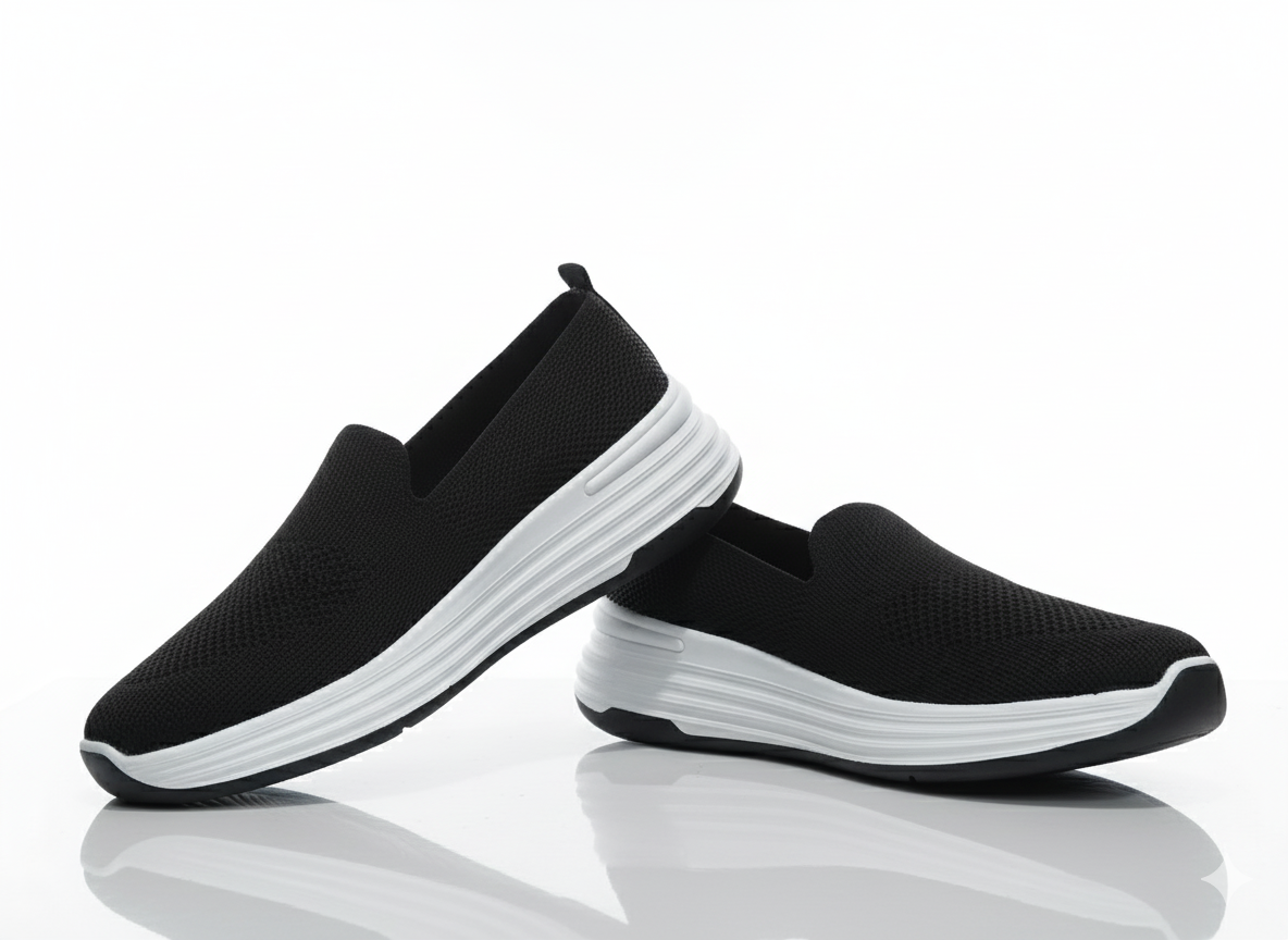 Black slip-on shoes with white soles 