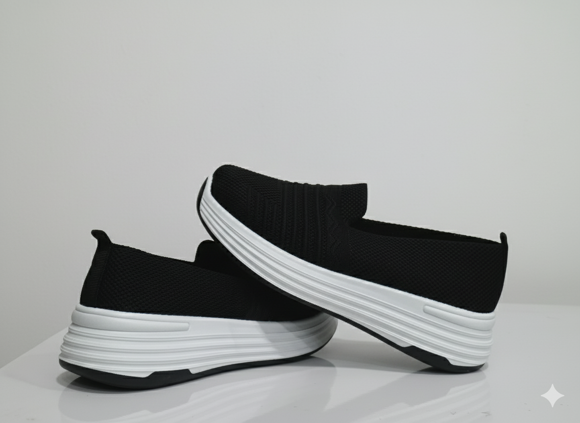Black slip-on sneakers with white soles 