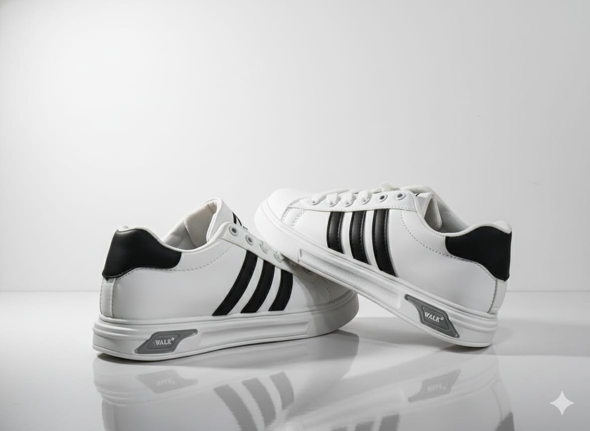White sneakers with black stripes 