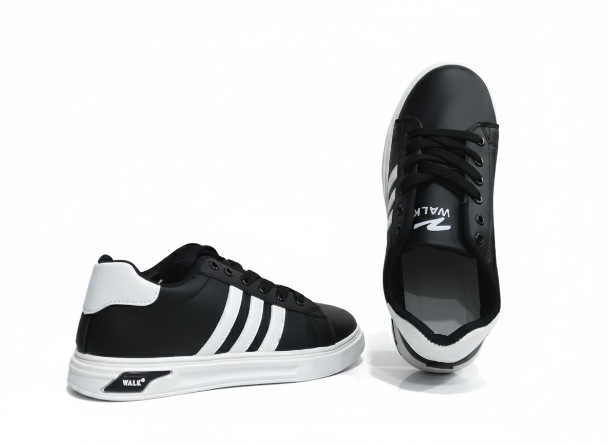 Black sneakers with visible white stripes