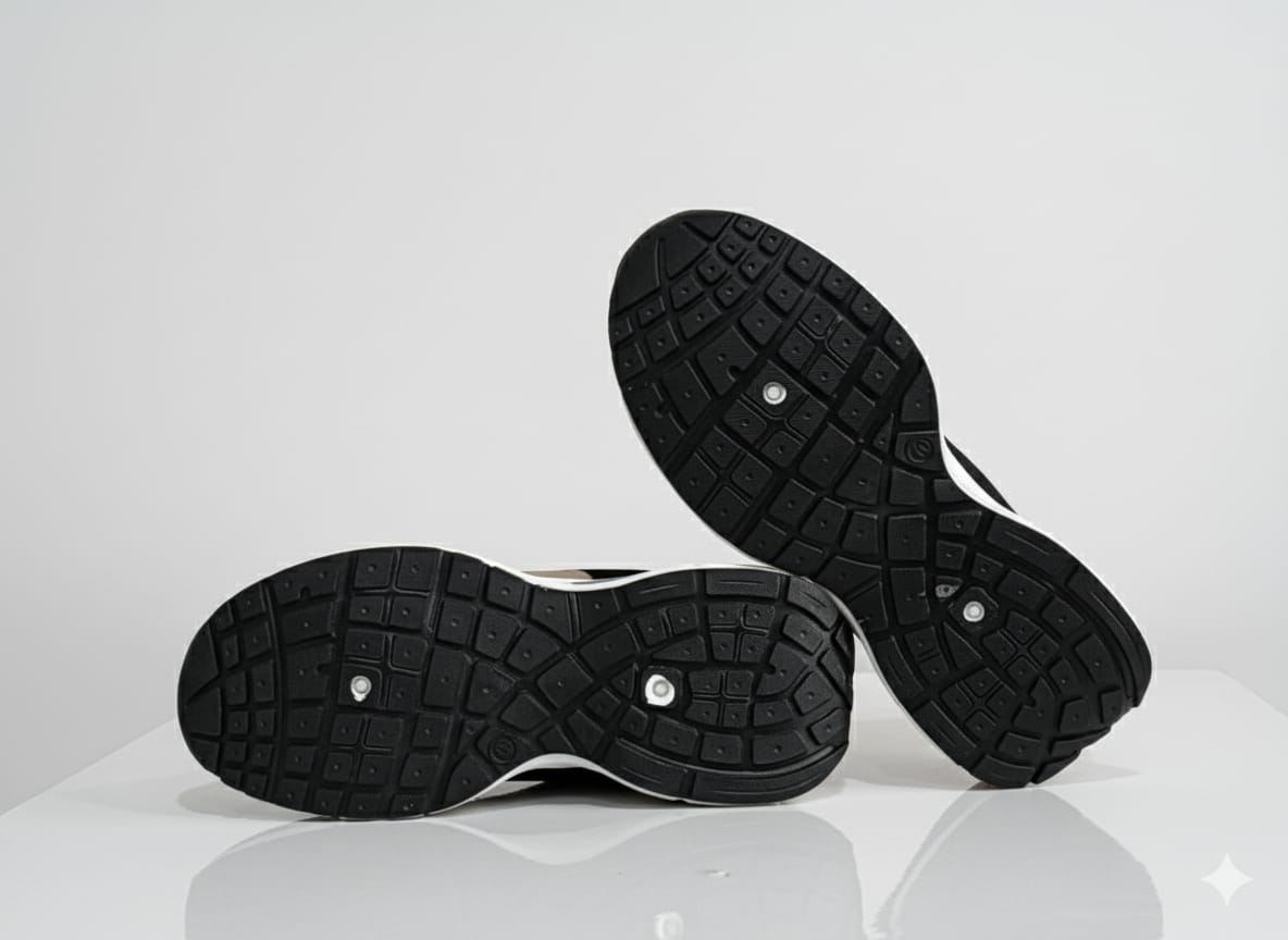 Black athletic shoes with tread pattern 