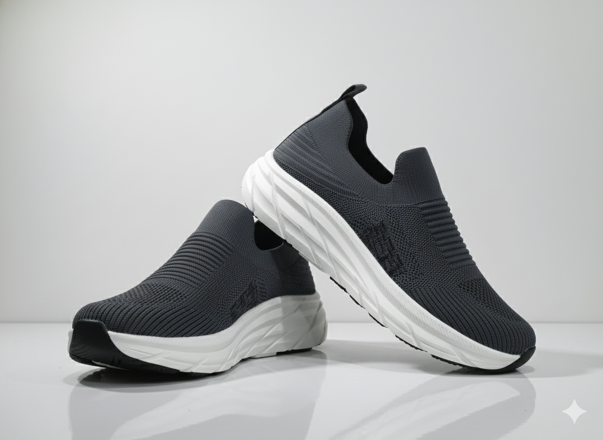 Grey slip-on sneaker with white sole 