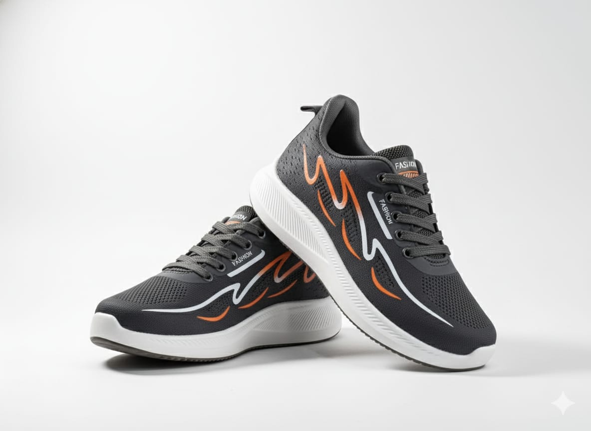 Grey running shoes with orange accents
