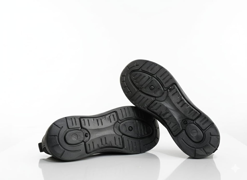 Sole of Pair of black loafers with gold accents 